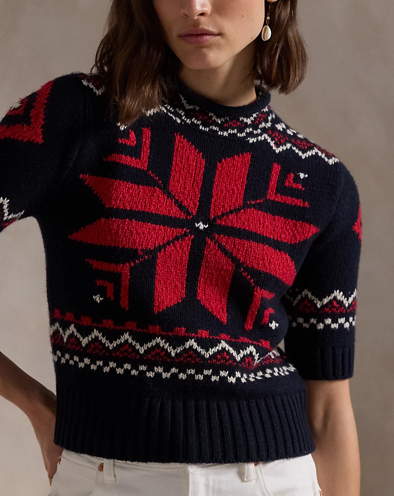 Snowflake-Motif Short-Sleeve Sweater