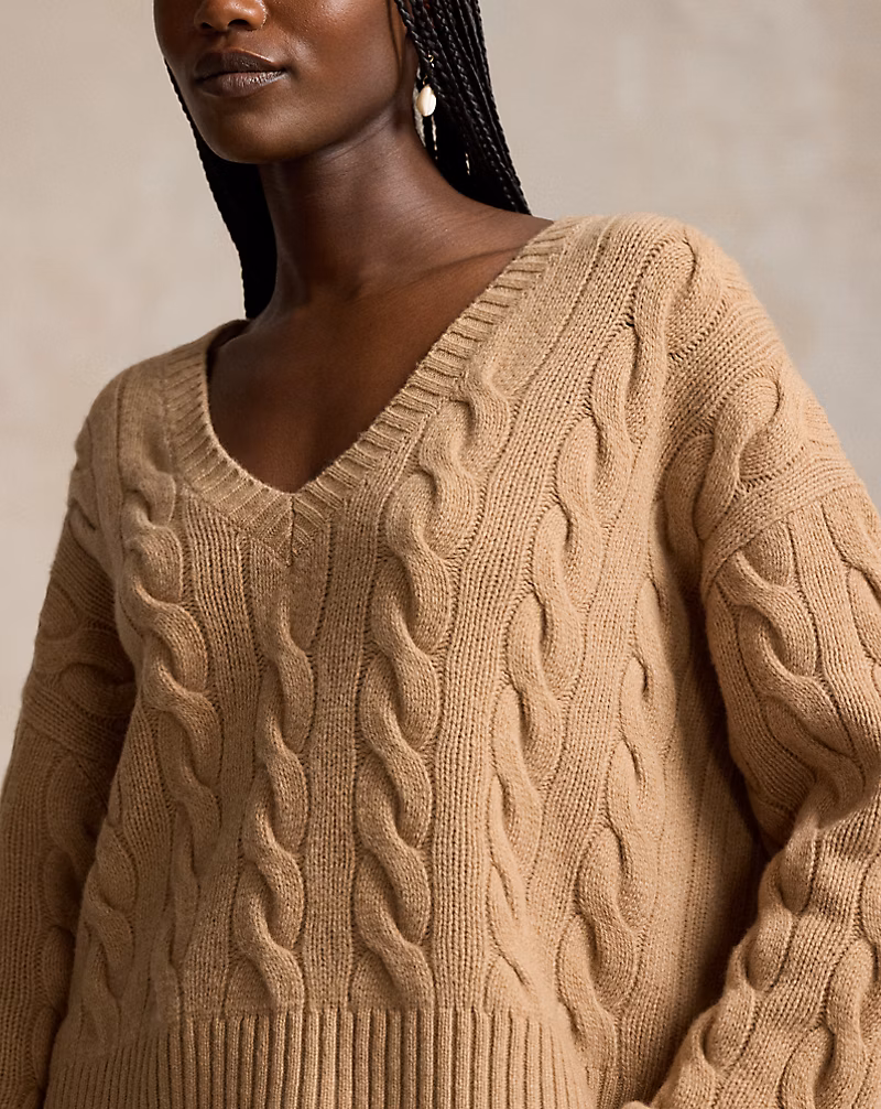 Ralph Lauren Cable-Knit Wool-Cashmere V-Neck Sweater