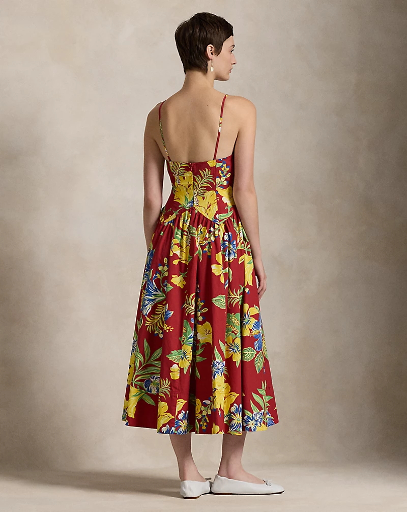 Tropical-Floral Cotton Poplin Dress