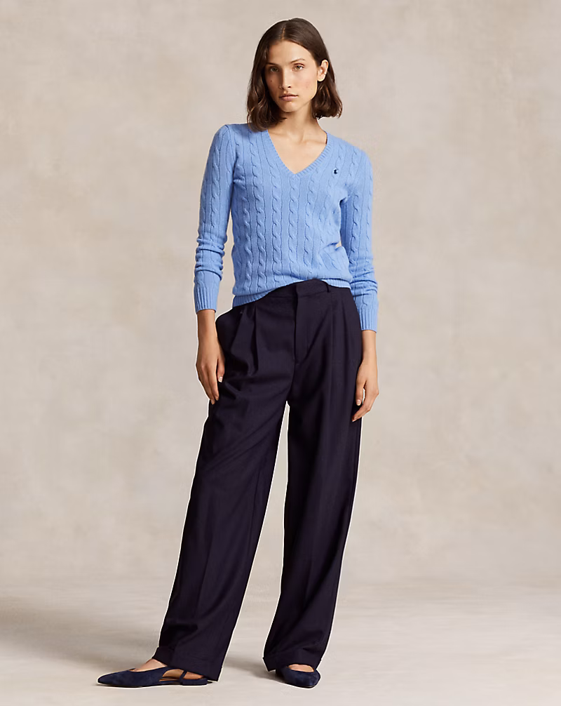 Ralph Lauren Cable-Knit Wool-Cashmere V-Neck Sweater