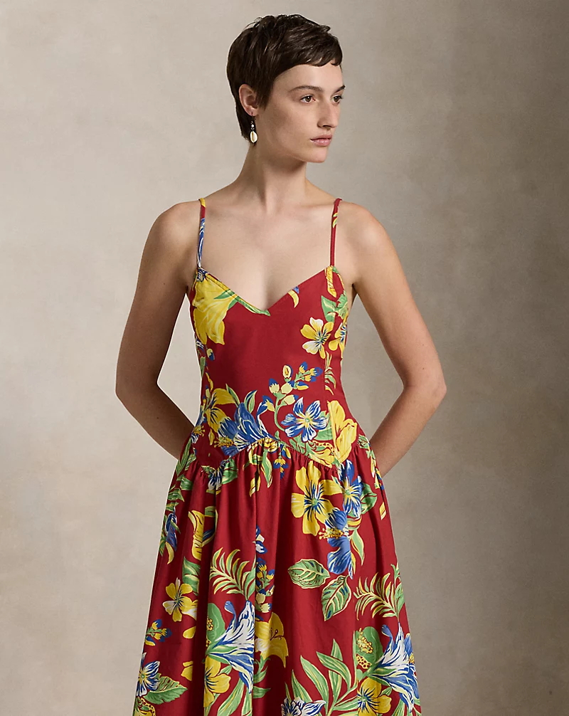 Tropical-Floral Cotton Poplin Dress