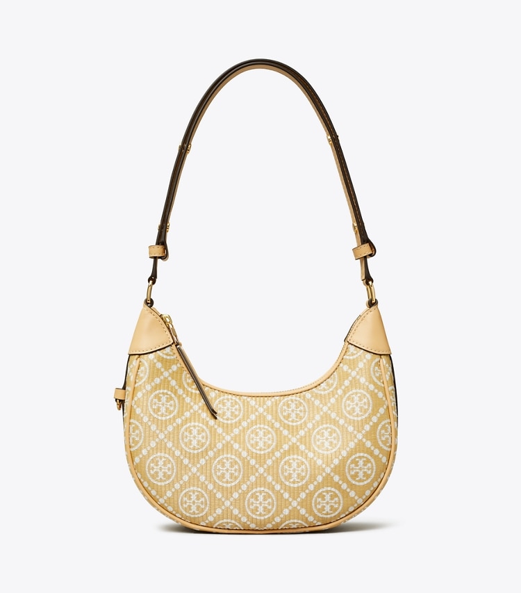 T MONOGRAM RAFFIA CRESCENT BAG