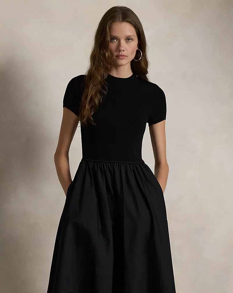 Sweater-Bodice Short-Sleeve Dress