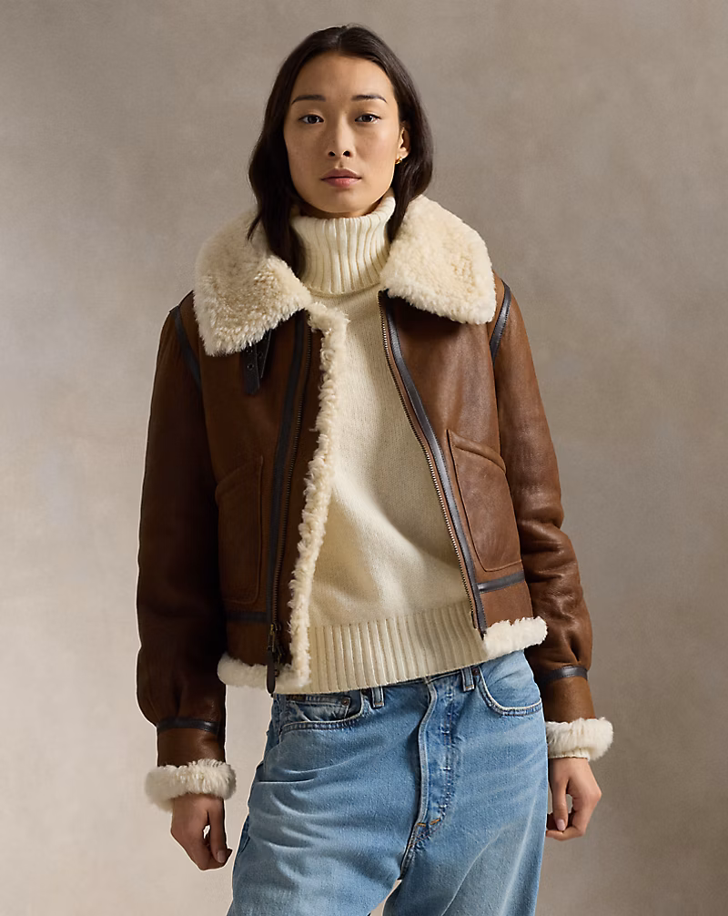 Leather-Trim Shearling Aviator Jacket