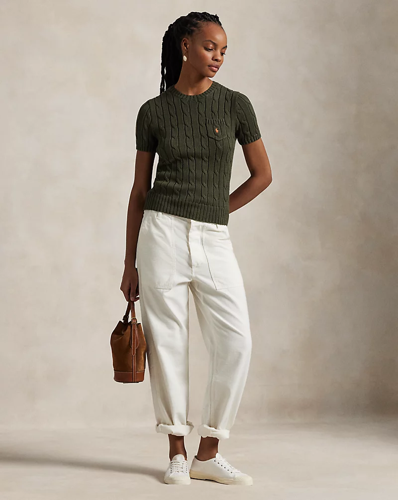 Cable-Knit Cotton Short-Sleeve Sweater