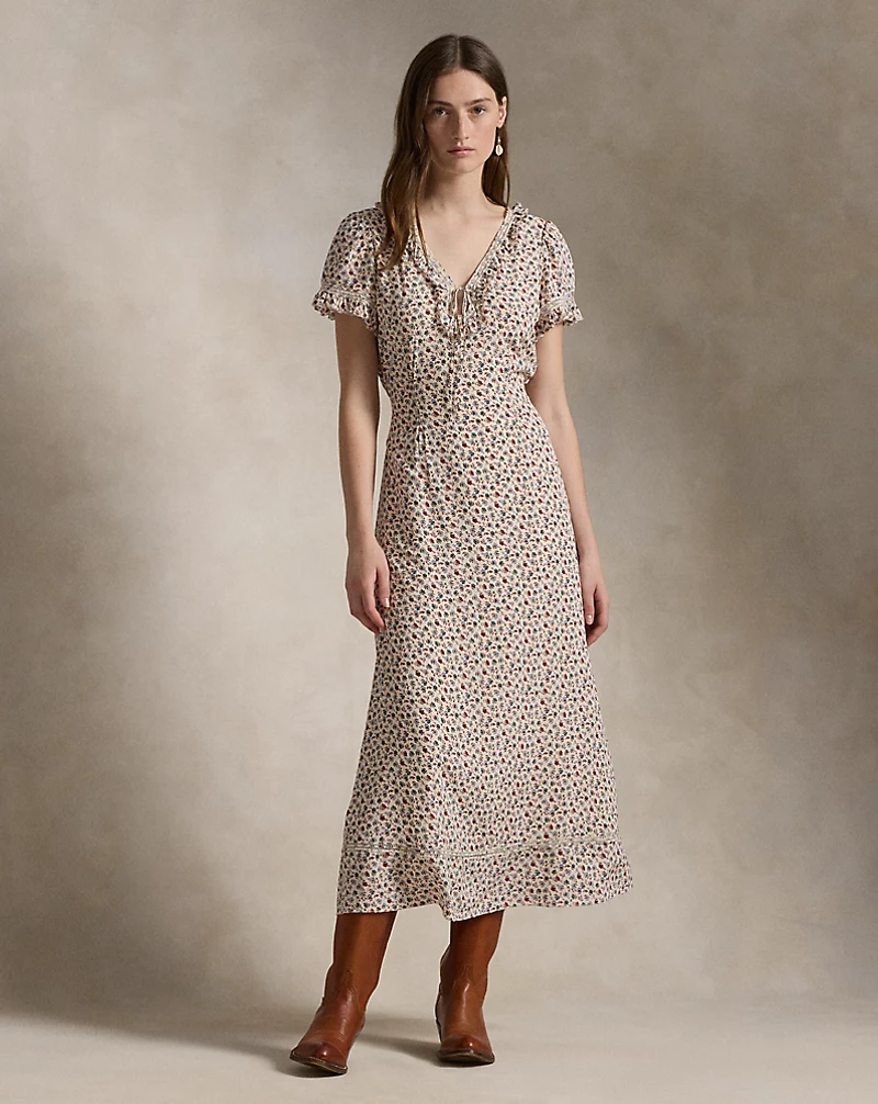 Ruffle-Trim Floral Dress