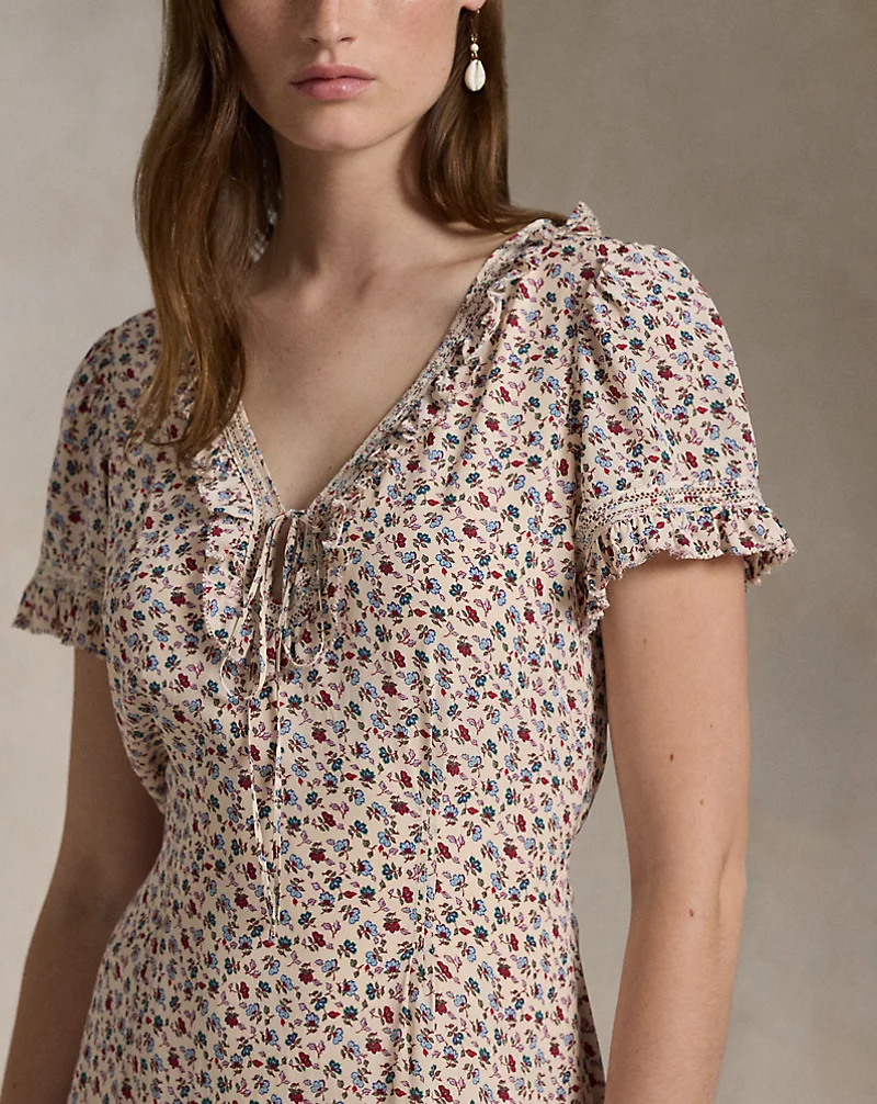 Ruffle-Trim Floral Dress