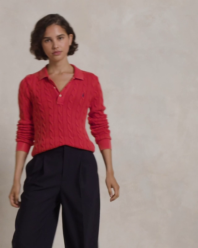 Cable-Knit Cotton Long-Sleeve Polo Shirt