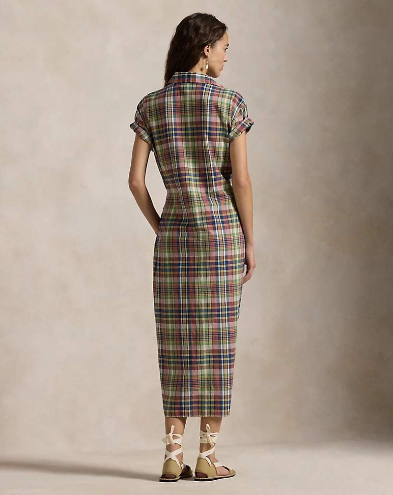 Plaid Cotton Faux-Wrap Shirtdress