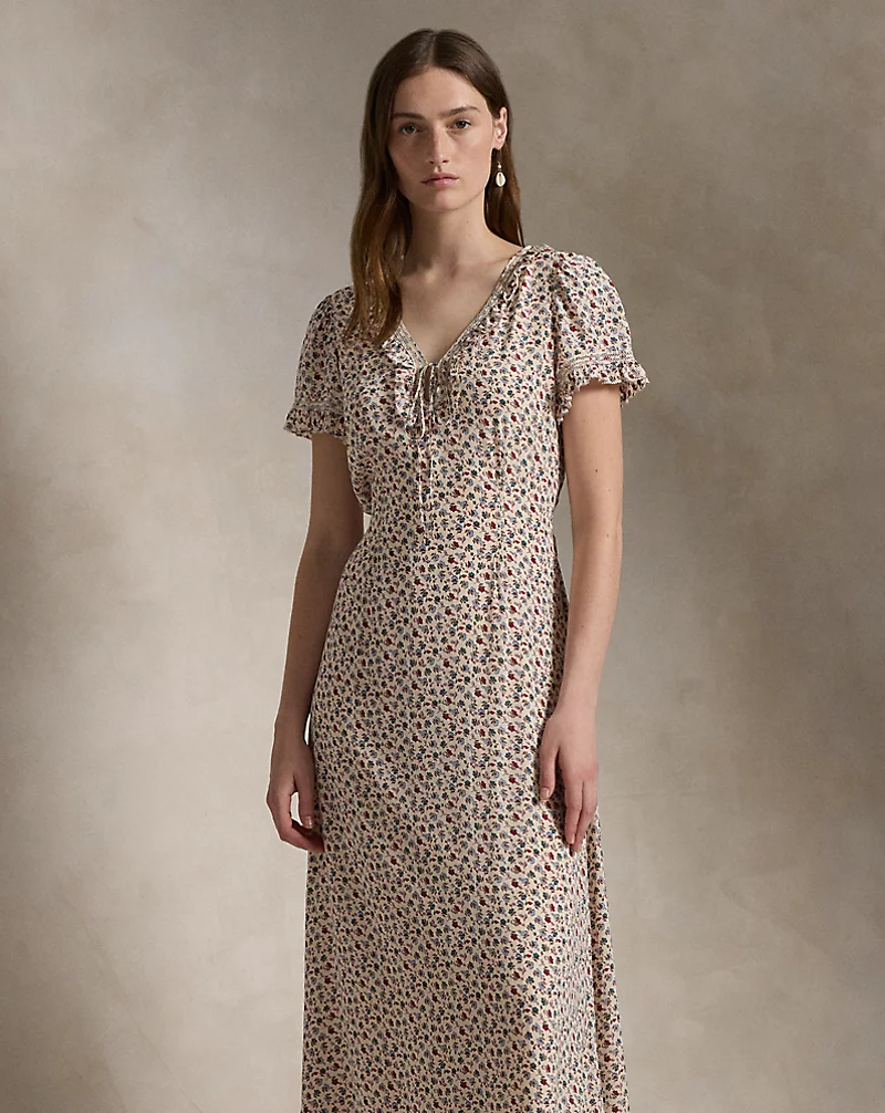 Ruffle-Trim Floral Dress