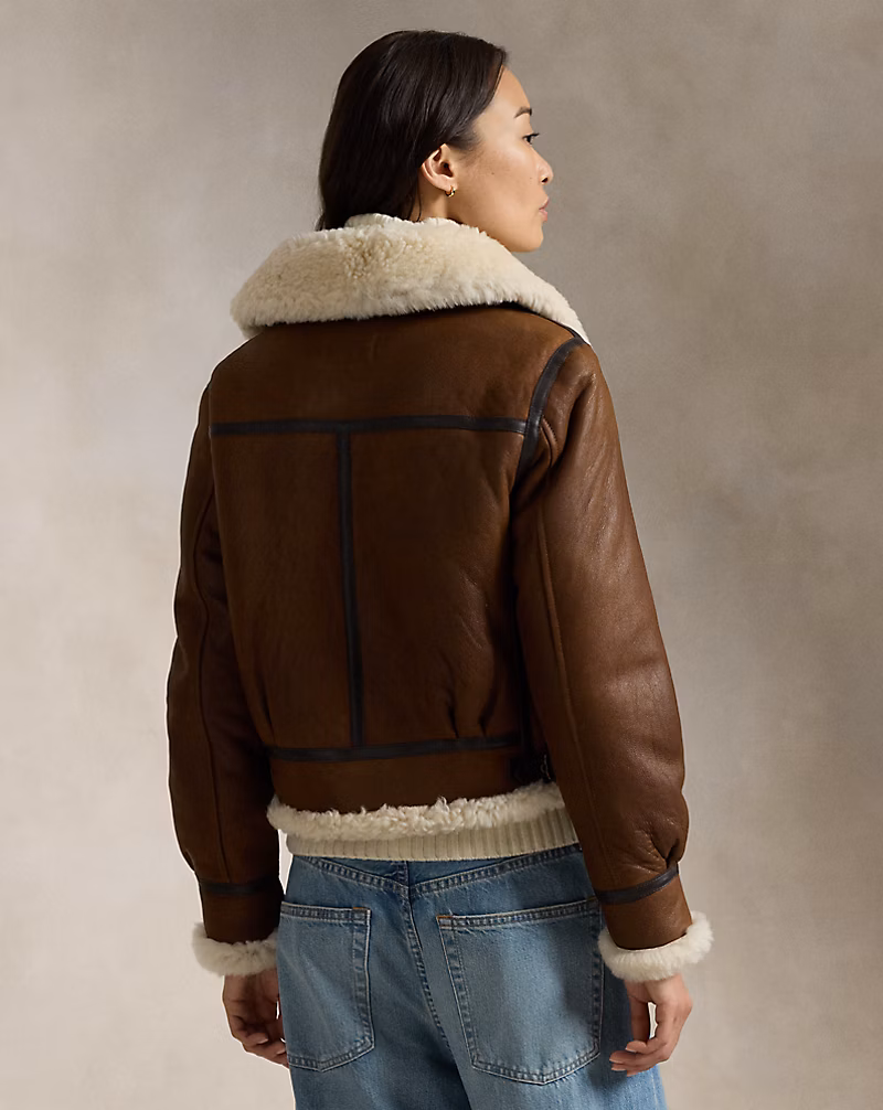 Leather-Trim Shearling Aviator Jacket