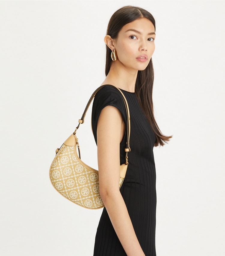 T MONOGRAM RAFFIA CRESCENT BAG