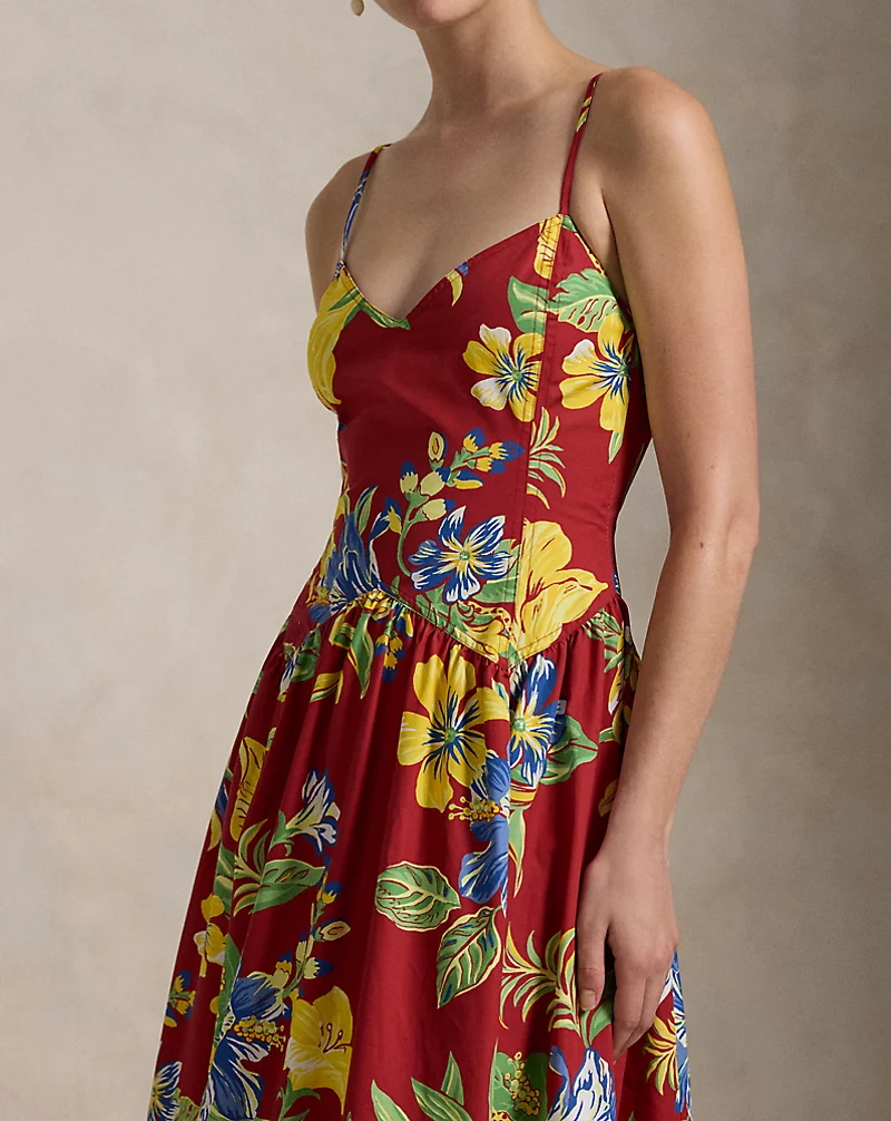 Tropical-Floral Cotton Poplin Dress