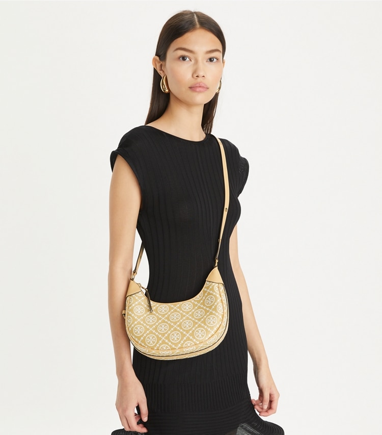 T MONOGRAM RAFFIA CRESCENT BAG