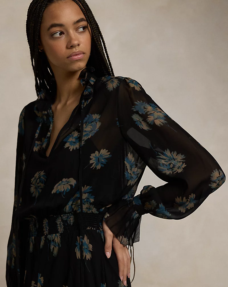 Floral Ruffle-Trim Georgette Dress