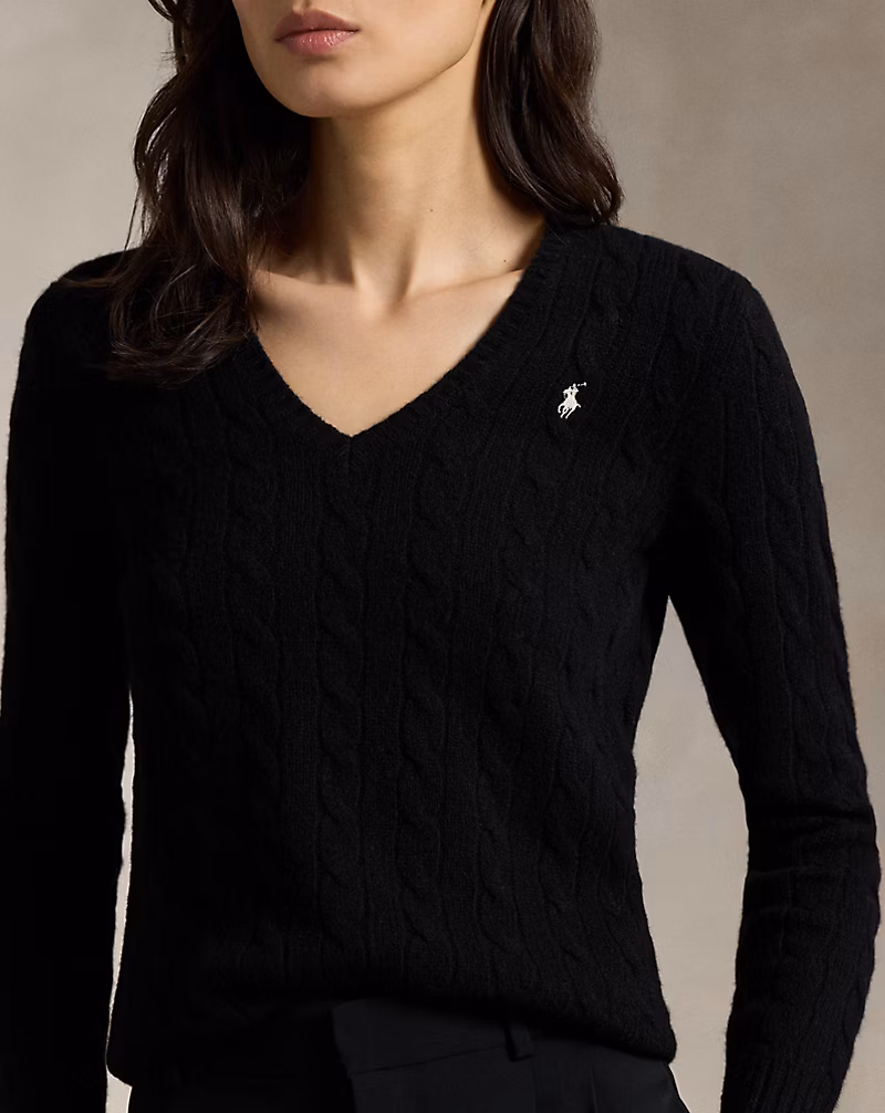 Ralph Lauren Cable-Knit Wool-Cashmere V-Neck Sweater