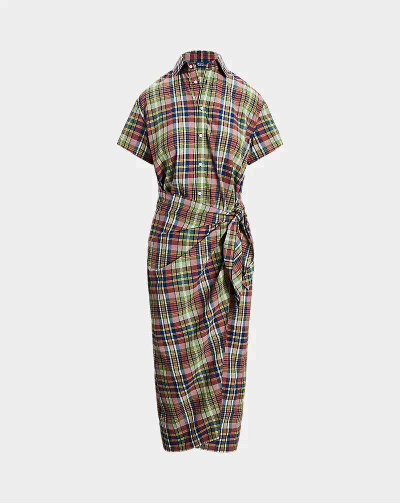 Plaid Cotton Faux-Wrap Shirtdress