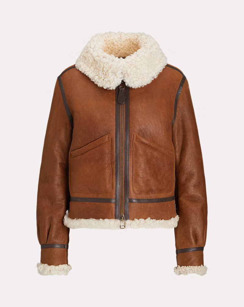 Leather-Trim Shearling Aviator Jacket
