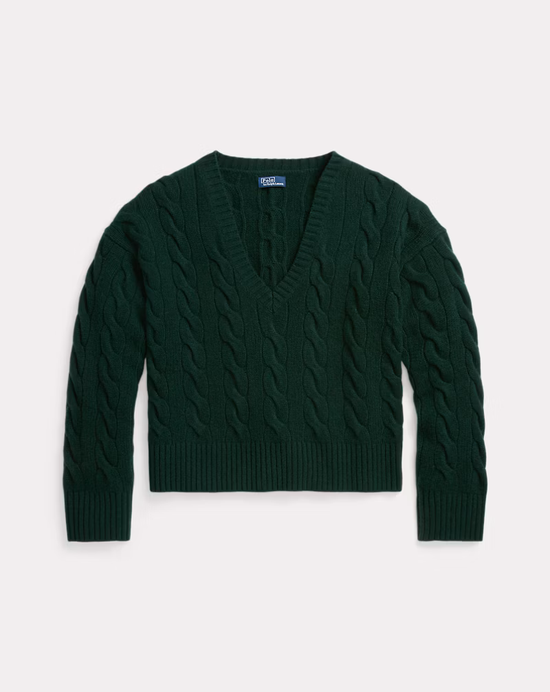 Ralph Lauren Cable-Knit Wool-Cashmere V-Neck Sweater