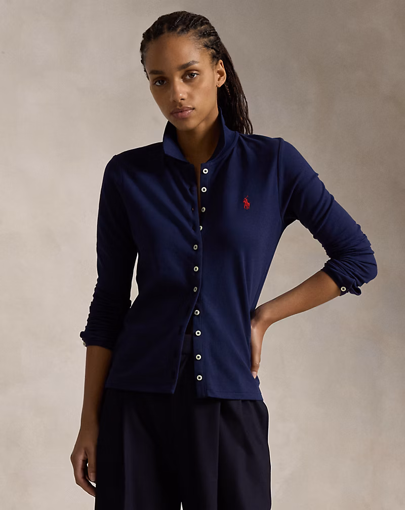 Buttoned-Placket Long-Sleeve Polo Shirt