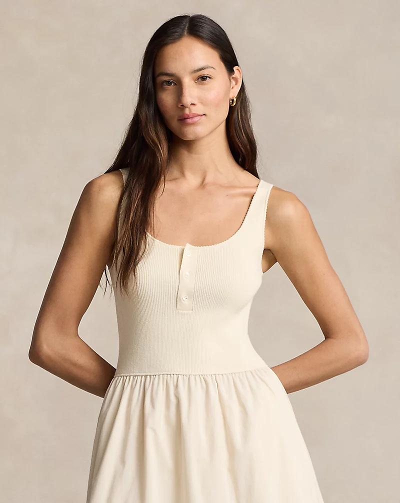 Lace-Trim Sleeveless Henley Dress