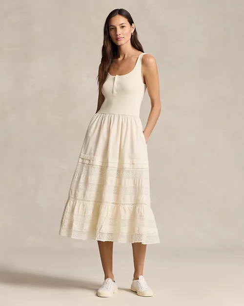 Lace-Trim Sleeveless Henley Dress