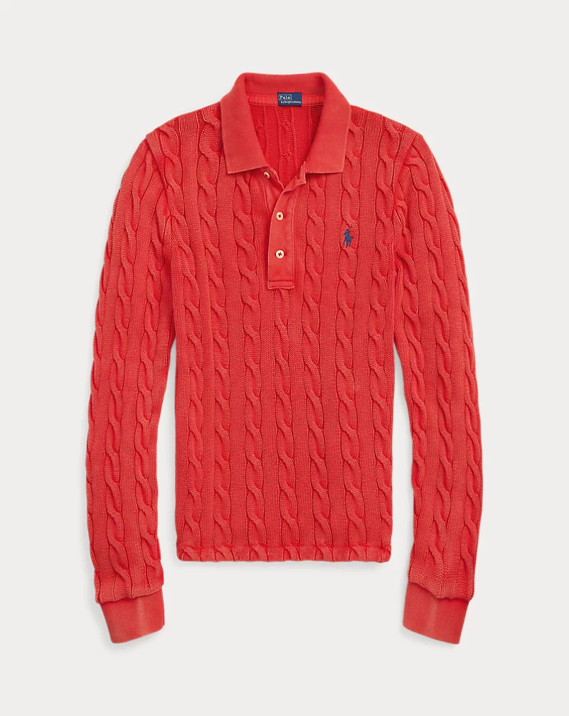 Cable-Knit Cotton Long-Sleeve Polo Shirt