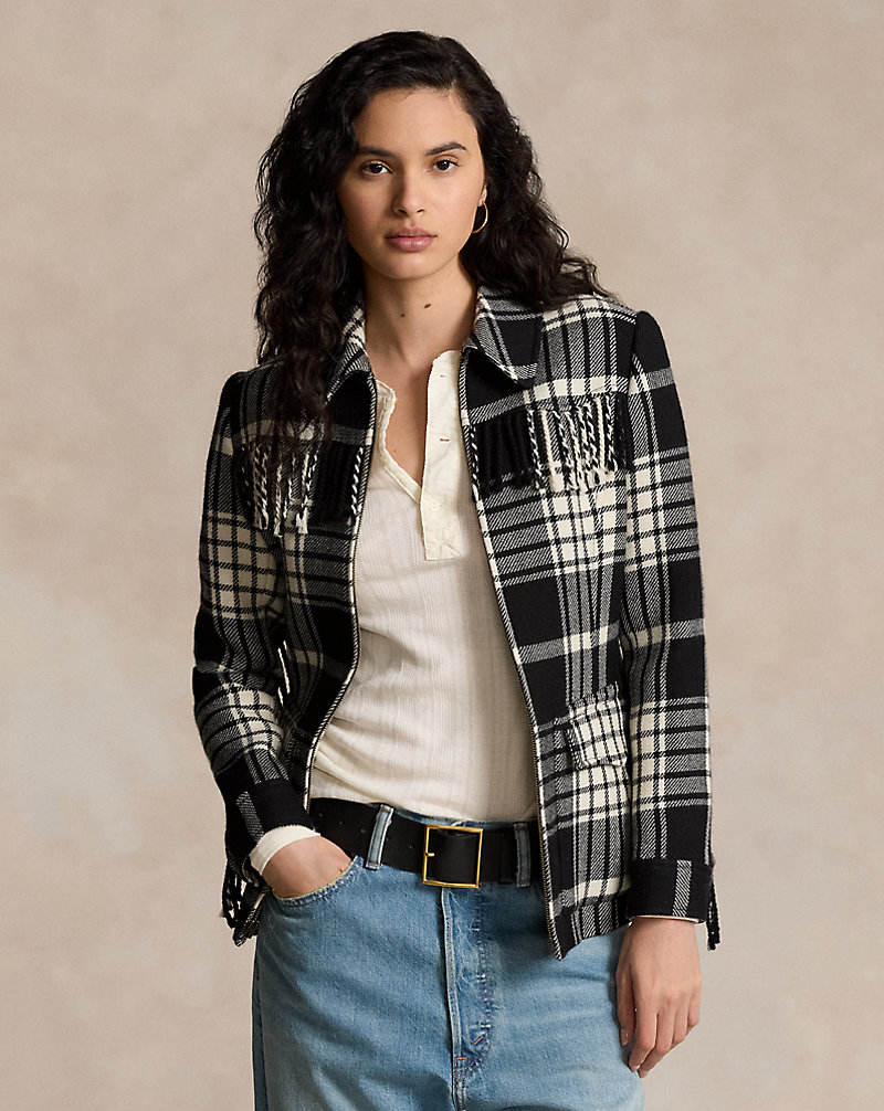 Plaid Fringe-Trim Wool Jacket