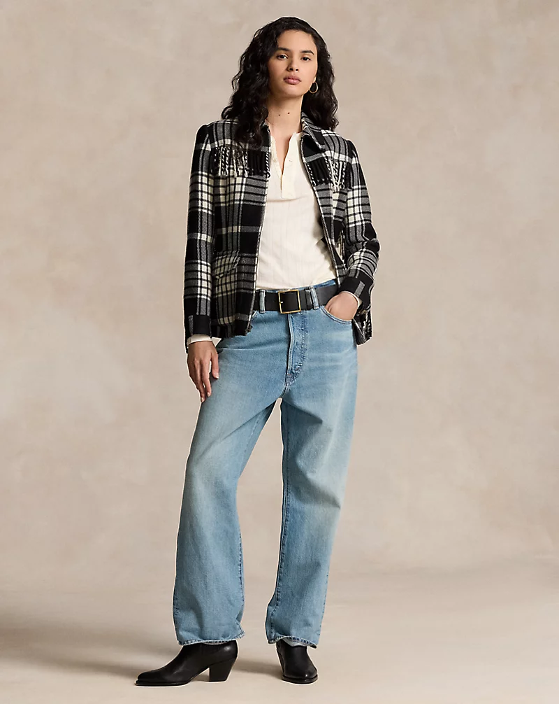 Plaid Fringe-Trim Wool Jacket