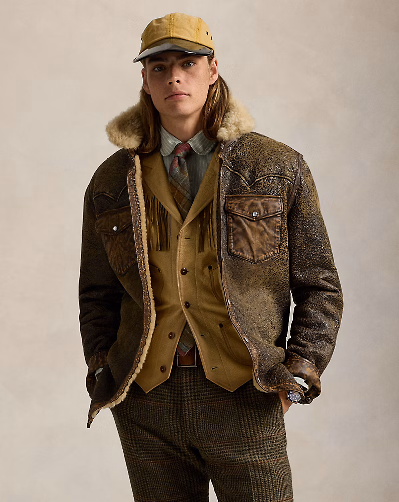 Leather-Trim Shearling Western Jacket