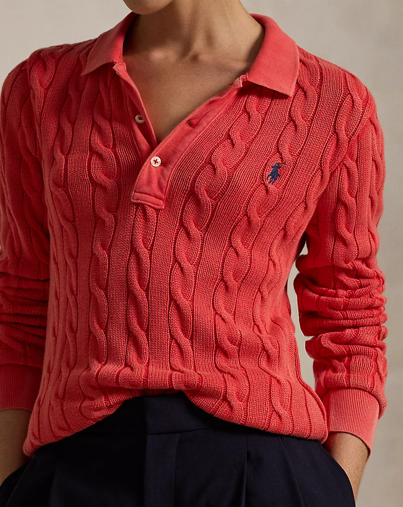 Cable-Knit Cotton Long-Sleeve Polo Shirt