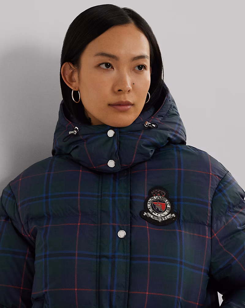 Plaid Beaded-Crest Down Coat