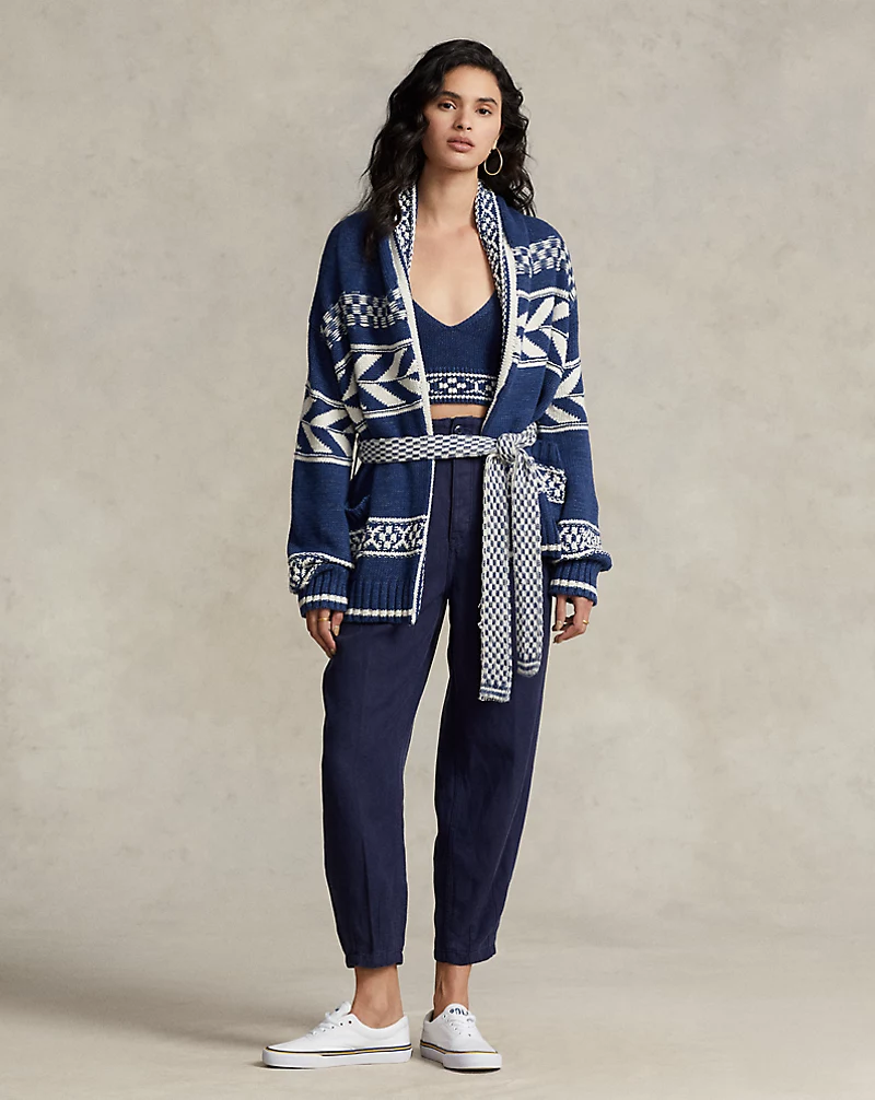 Geo-Stripe Cotton-Linen Cardigan