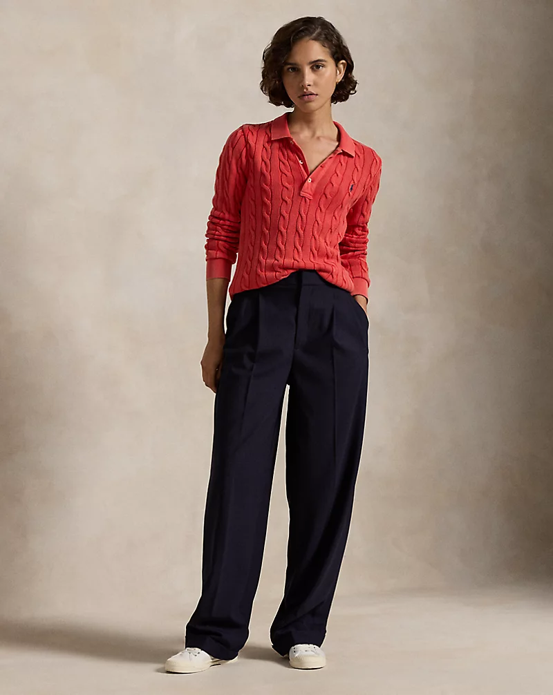 Cable-Knit Cotton Long-Sleeve Polo Shirt