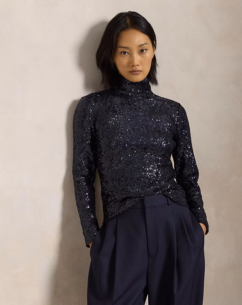 Sequined Mesh Turtleneck