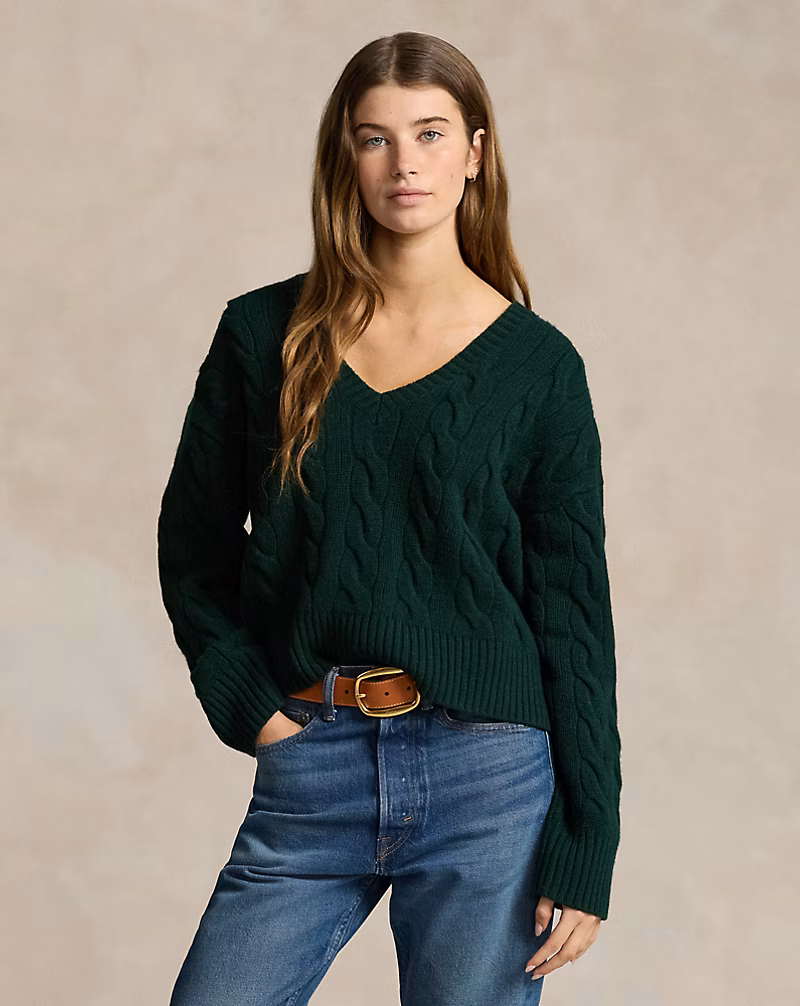 Ralph Lauren Cable-Knit Wool-Cashmere V-Neck Sweater