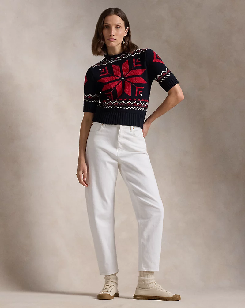 Snowflake-Motif Short-Sleeve Sweater