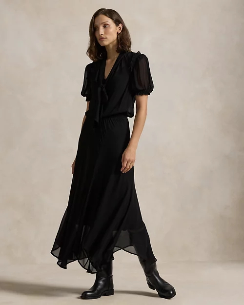 Georgette Tie-Neck Dress