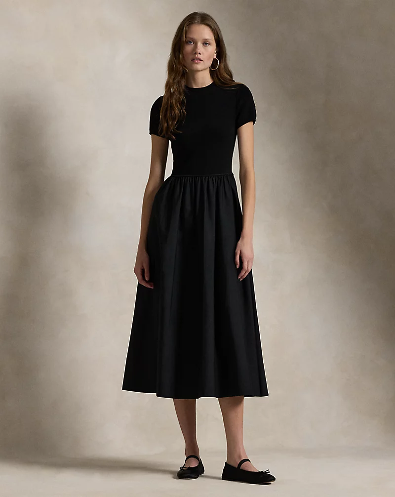 Sweater-Bodice Short-Sleeve Dress