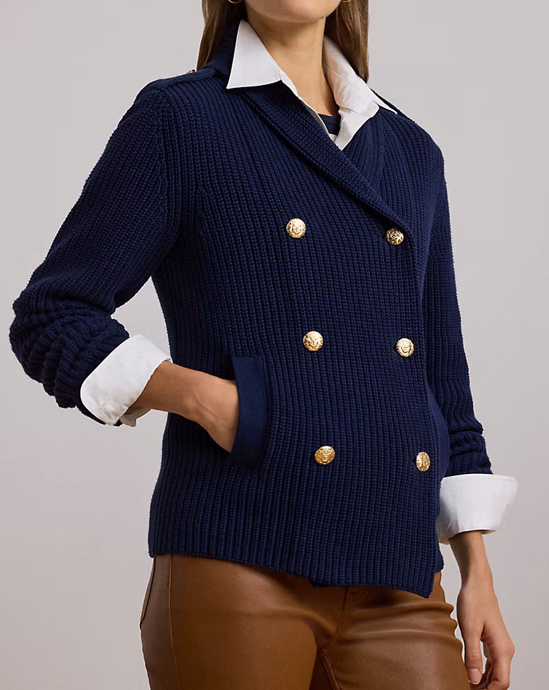 Rib-Knit Double-Breasted Sweater Jacket