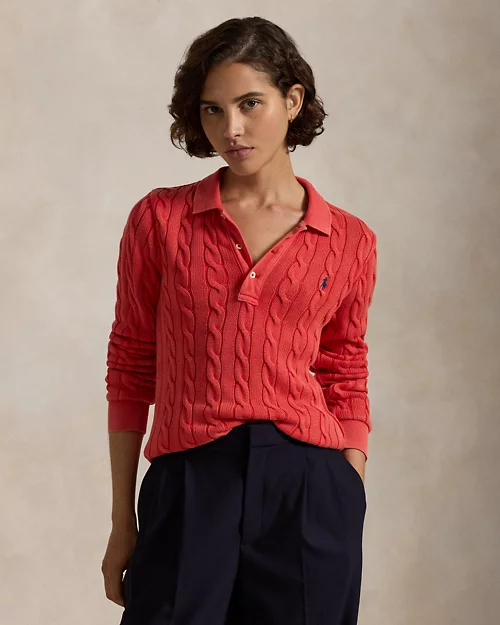 Cable-Knit Cotton Long-Sleeve Polo Shirt