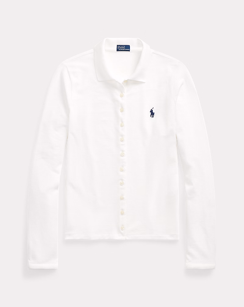 Buttoned-Placket Long-Sleeve Polo Shirt