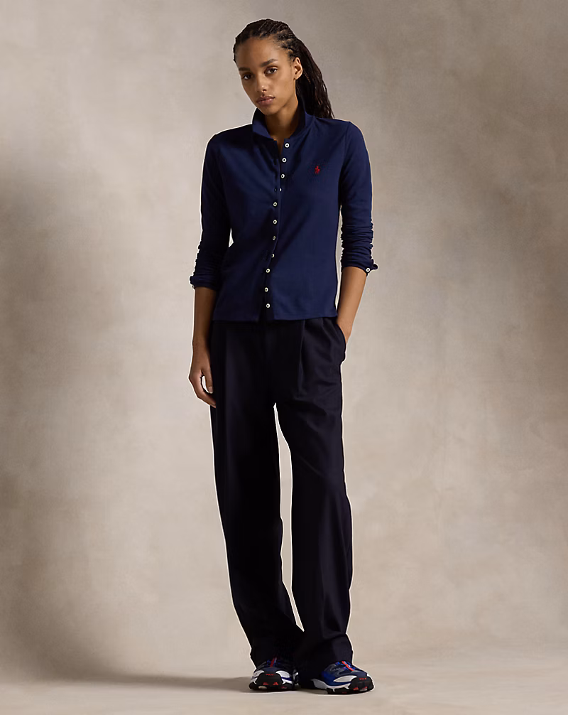 Buttoned-Placket Long-Sleeve Polo Shirt