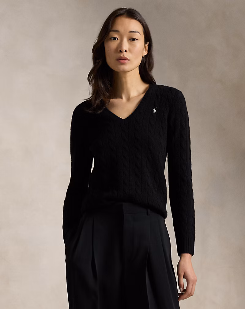 Ralph Lauren Cable-Knit Wool-Cashmere V-Neck Sweater