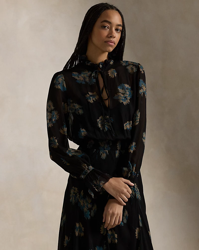 Floral Ruffle-Trim Georgette Dress