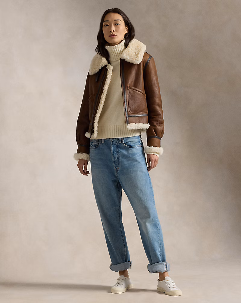 Leather-Trim Shearling Aviator Jacket