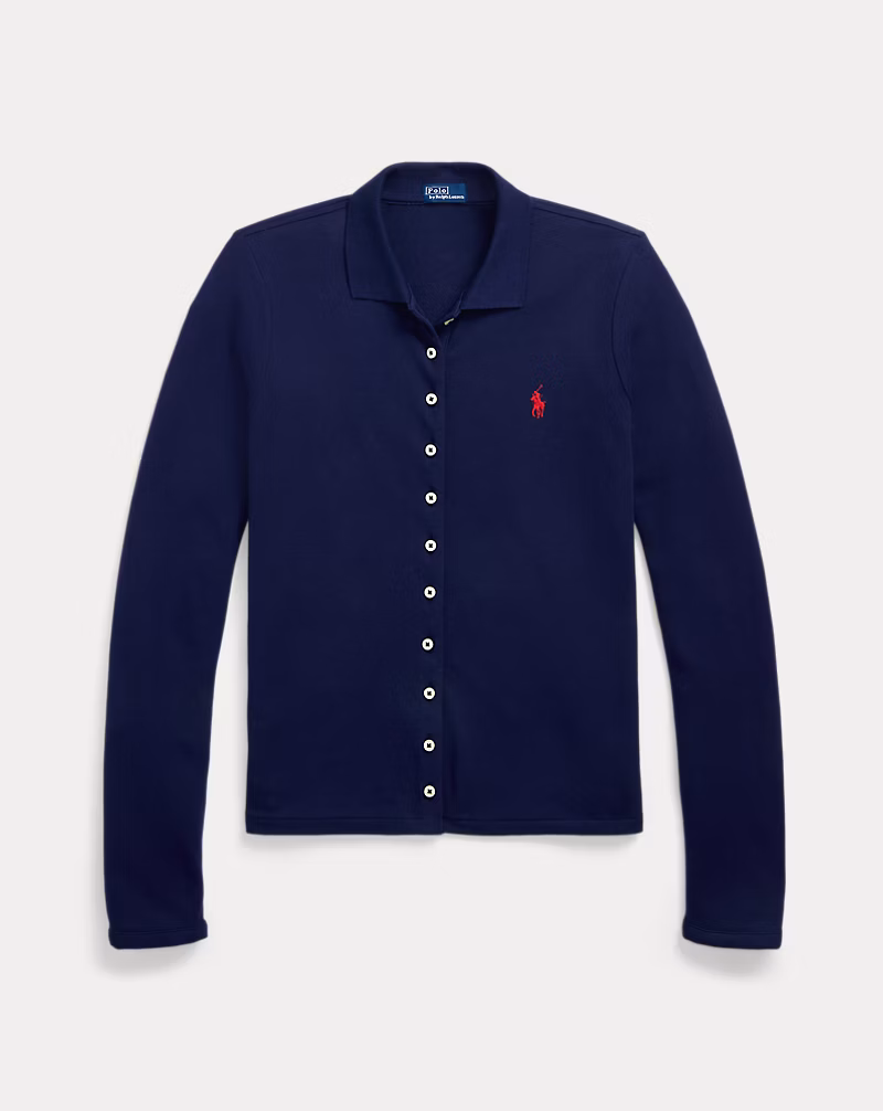Buttoned-Placket Long-Sleeve Polo Shirt