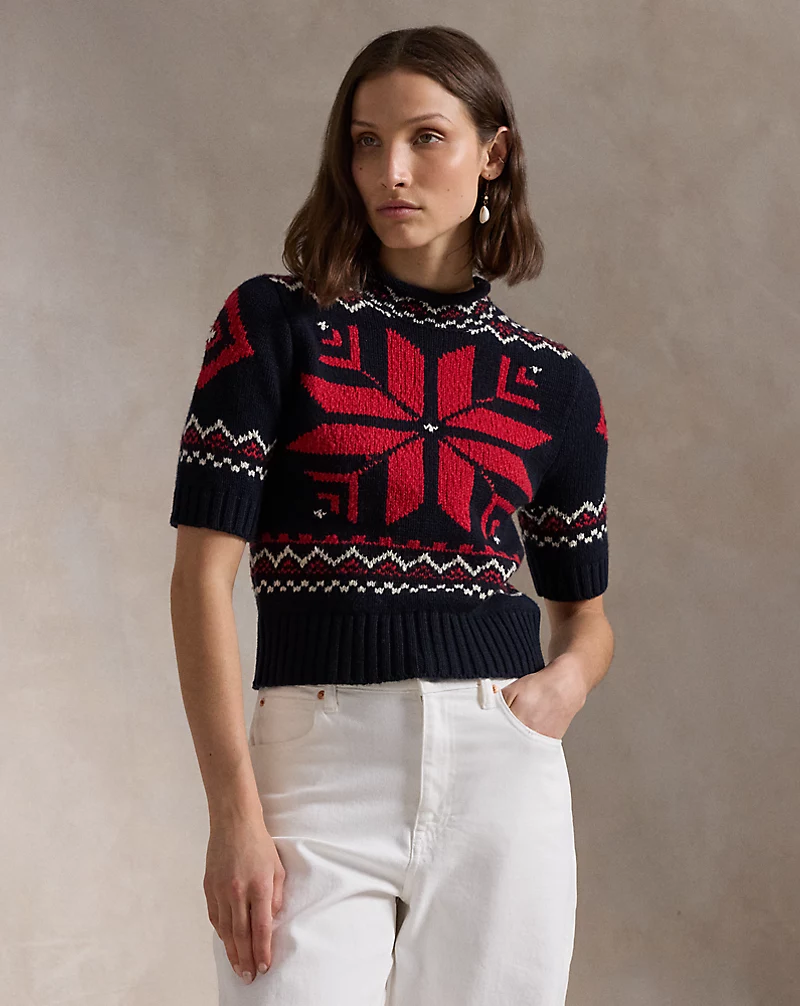 Snowflake-Motif Short-Sleeve Sweater