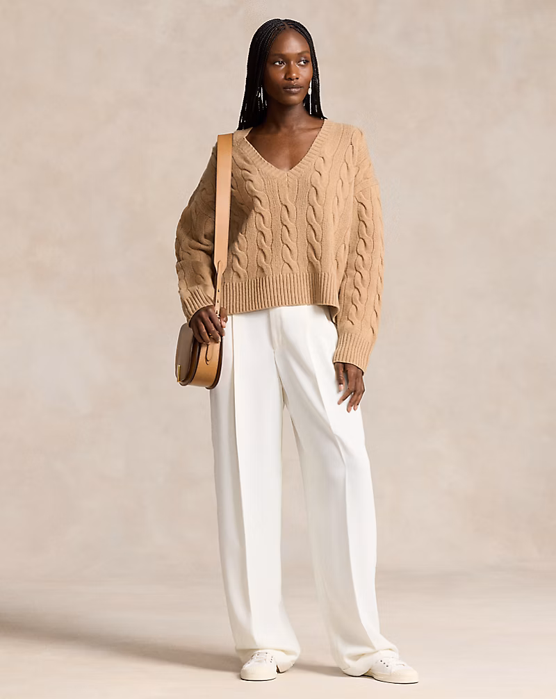 Ralph Lauren Cable-Knit Wool-Cashmere V-Neck Sweater