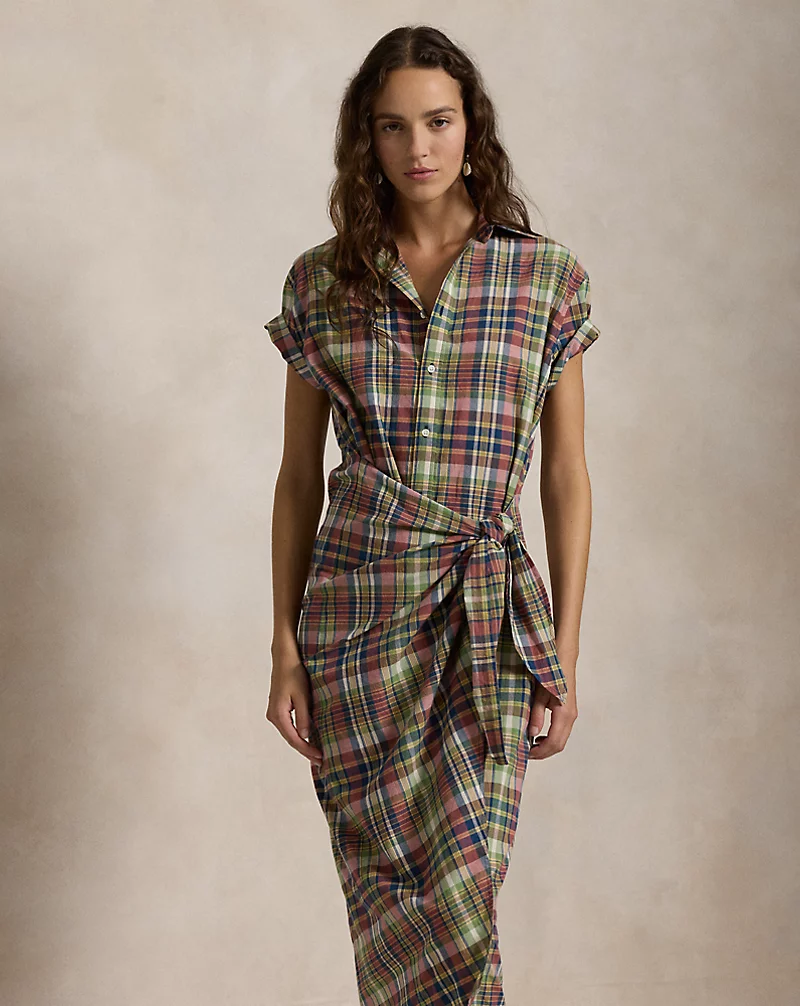 Plaid Cotton Faux-Wrap Shirtdress